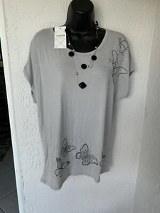 SUMMER BUTTERFLIES blouse NEW SparKLY Size: L/XL YUNA, Heather studded DESIGN - Picture 1 of 4