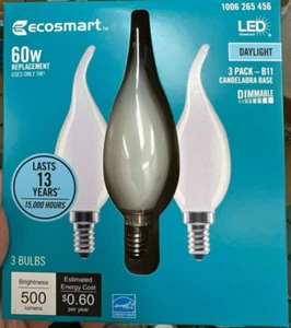 EcoSmart 60-Watt Equivalent B11 Dimmable E12 Candelabra Bent Tip Bulb (3-Pack) - Picture 1 of 2
