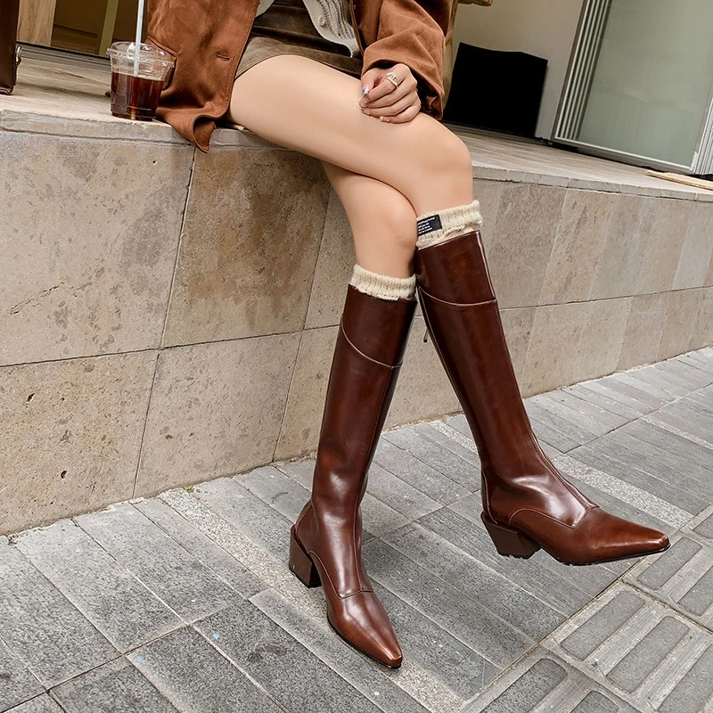 Chic Botas Para Mujer Tacón Alto Punta Cuero Retro Marrón Caballero Hasta la Rodilla - Imagen 1 de 4