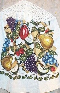Home Decor' Kitchen Hanging Towel Assorted Fruits White Crochet Top NEW - Picture 1 of 3