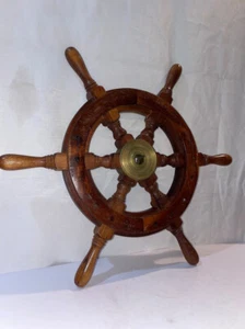 ruota baot legno parete ottone finitura barca navi mari nautica vintage antica - Foto 1 di 23