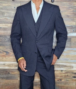 Vintage Mint Givenchy Wool Navy Blue Striped Dual Vent 3-Piece Suit 41L x 35W - Picture 1 of 16