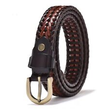 Women Brown Braided Leather Belts Ladies Vintage Webbing Strap Solid Color Belts