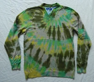 Tie Dye Green Black V-Neck Pullover Sweater - Medium Mens Hand Made Cotton - Picture 1 of 6