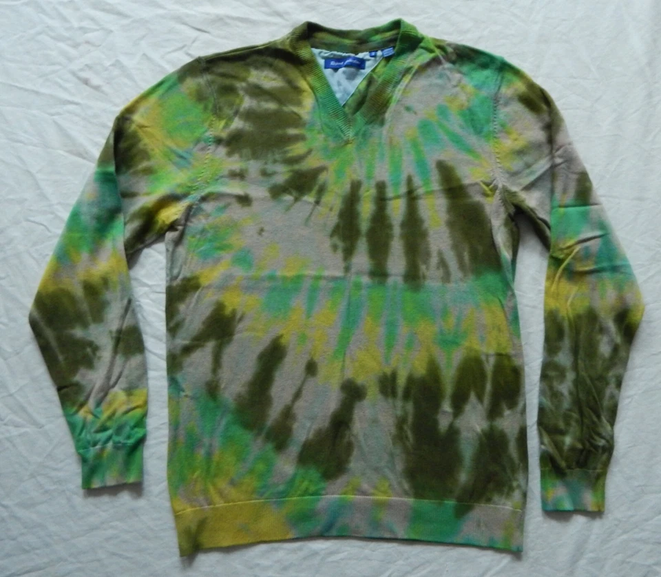 Tie Dye Green Black V-Neck Pullover Sweater - Medium Mens Hand Made Cotton - Image 1 of 4