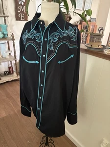 Scully Western Shirt Men’s XL Turquoise Black Embroidered Snap Long Sleeve - Picture 1 of 8