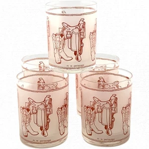 Double Old Fashioned Glasses Cowboy Western Saddle Boots M W Periscope  Vintage - Picture 1 of 10