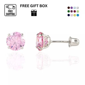 14K Solid White Gold 2.5mm Round Birthstone Stud Earrings with Screw Back - Picture 1 of 14