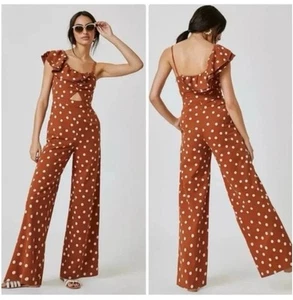 Maeve Anthropologie Jumpsuit 6 Petite Brown Polka Dot One Shoulder Wide Leg Boho - Picture 1 of 5