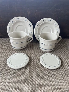 2er Set Longaberger Keramik Gewebt Traditionen Blau Kaffeetasse 4" Untertasse & Deckel - Bild 1 von 14