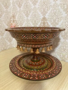 Hand Painted Moroccan Wood Compote or Tazza With Wooden Bells - Picture 1 of 15