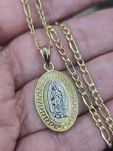 Real 14k Gold Virgin Mary Pendant 20 Inches Long Figaro chain set - Picture 1 of 9