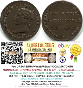 1794 GB Conder Halfpenny - MIDDLESEX - THOMAS SPENCE - D & H 677 *ERROR - CT 887 - Picture 1 of 13