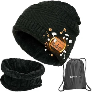 Bluetooth Beanie Wireless Hat with Scarf – Black Headphone Beanie Hat –Music Hat - Picture 1 of 7