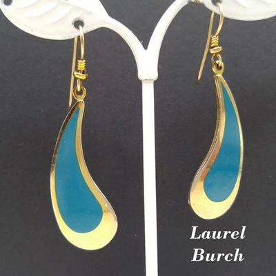 Vintage Laurel Burch Turquoise Drop Earrings, Curved Teardrop, Gold Plated - Image 1 of 4