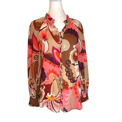 Trina Turk шелк (92%) блузка верхний размер S коричневый мульти ретро цветочный Flowy с оборками - Изображение 1 из 4