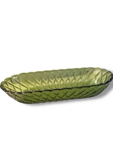 Vintage Indiana Glass Avocado Depression Basket Weave Pattern Celery Dish - Picture 1 of 3