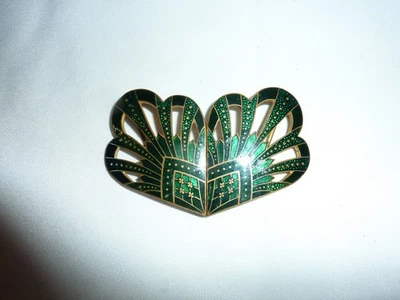 Antique Art Nouveau Enameled 2 Piece Brass Belt Buckle Victorian Peacock Feather - Image 1 of 4