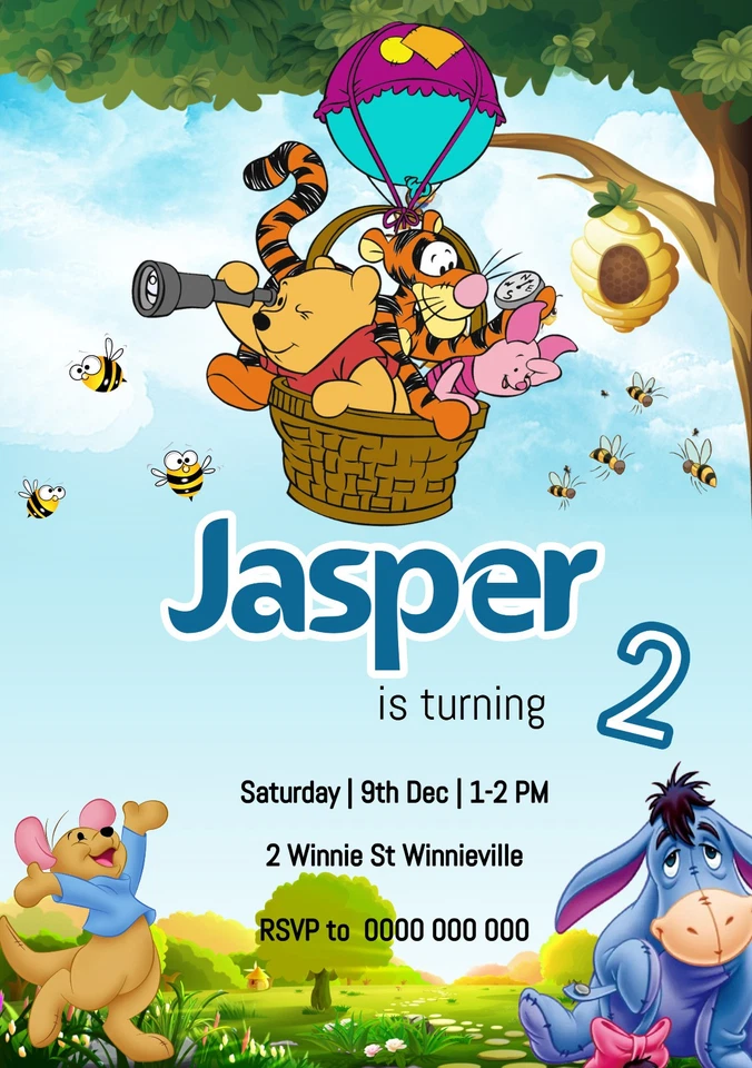 YOU PRINT Birthday Invitations Personalised DIGITAL FILE Winnie the Pooh - Image 1 of 1