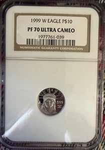 1999-W Proof $10 American Platinum Eagle 1/10 oz NGC PF70UC Brown Label - Picture 1 of 2
