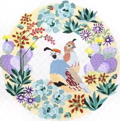 Needlepoint Handpainted Melissa Prince Quail in Desert Wreath 14" - Image 1 of 4