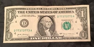 REPEATER BINARY NUMBER 2017 $1 ONE DOLLAR BILL D 77373773 A SERIES D - Picture 1 of 2