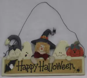 Vintage Happy Halloween Wooden Sign with Cat Ghosts and Pumpkin with Hanger - Picture 1 of 4