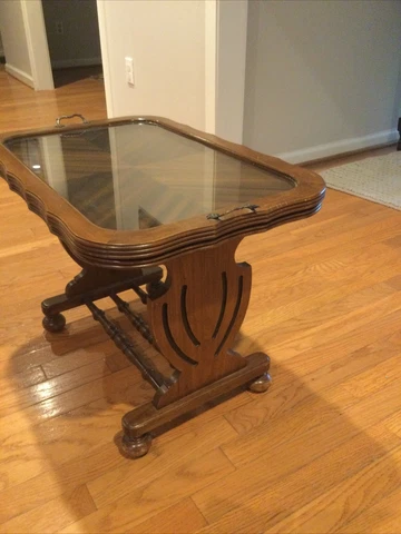 Mahogany Carving Tea Table  With Removable Glass Serving Tray Viintage Cover