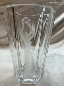 Orrefors - Vintage Swedish Crystal Vase Etched Lady w/Flowers - Numbered Piece - Picture 1 of 4