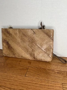 Vintage Snake Skin Leather Crossbody Clutch Purse Brown Tan Removable Strap - Picture 1 of 9
