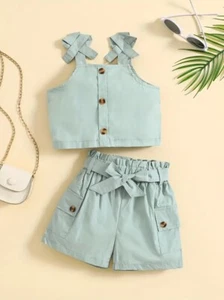 Girls Shorts Set 2Pc Elastic Waist Bows Pockets Kids Summer Clothes NEW - Picture 1 of 48