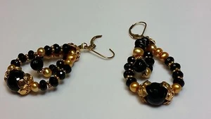 Genuine Onyx & Golden Pearl Long Dangle Designer Earrings Gold Filled 1/20 - Picture 1 of 3