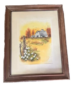 V. RIFFEL WATERCOLOR FARM SUNSET COUNTRYSIDE PAINTING 5.5X 7.5" FRAMED 10X 12.5" - Picture 1 of 3