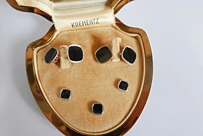 ART DECO Negro Ónix Revestido Platino 14k Superposición Gemelos Tachuelas Esmoquin Krementz Foto 1 de 3