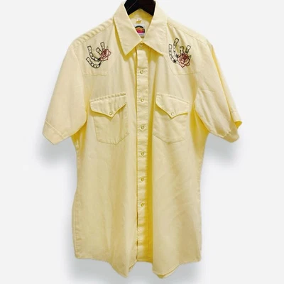 Camisa de rodeo vintage Miller Western Wear bordada perla amarilla a presión 16,5 para hombre L Foto 1 de 4