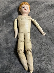 14.5” Antique German Celluloid Head Doll Leather Antique Body Molded Hair #o - Picture 1 of 14