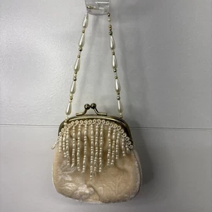 Vintage Small Beige Beaded Coin Purse W/ Strap - Picture 1 of 12