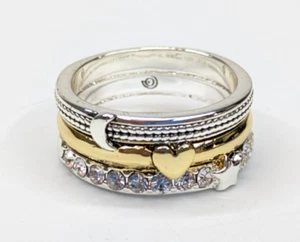 Gold & Silberfarben gestapelter himmlischer Mond Stern Herz Strass Ring Gr. 8 signiert - Bild 1 von 5