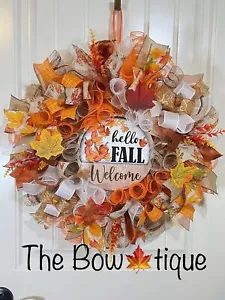 Handmade Hello Fall Ribbon Welcome Door Wreath Acorn Leaf 22 in LED Thanksgiving - Picture 1 of 10