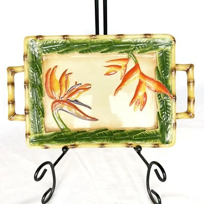 Tropical Tiki Hawaiian Bamboo Bird Of Paradise Hand Painted Tray Platter - Image 1 of 4