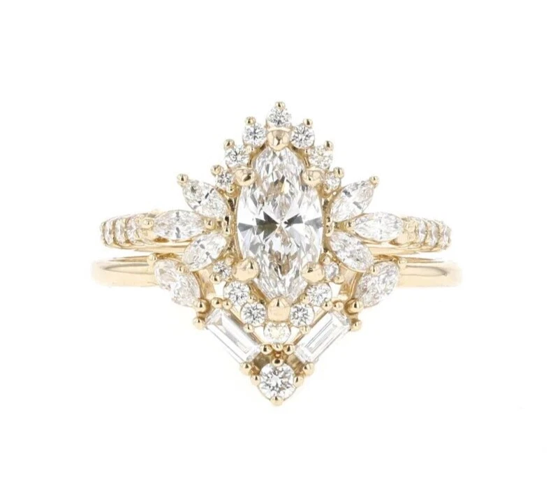 Juego de 2 anillos de boda únicos de moissanita de corte marquesa de oro amarillo macizo de 14 K TCW Foto 1 de 4