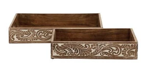 DecMode 18" 15"W Brown Mango Wood Tray with Carved Sides Traditional Style - Picture 1 of 1