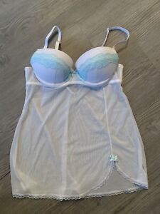 Gilligan & Omalley Intimates White Sheer Netting Babydoll Nightie Aqua Lace S/P