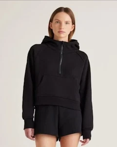 QUINCE BLACK ORGANIC COTTON HEAVYWEIGHT CROPPED HALF ZIP HOODIE Fleece Sz L, NWT - Picture 1 of 4