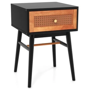 Nightstand Modern Bedside End Table w/ Solid Wood Legs & Storage Drawer Black - Picture 1 of 8