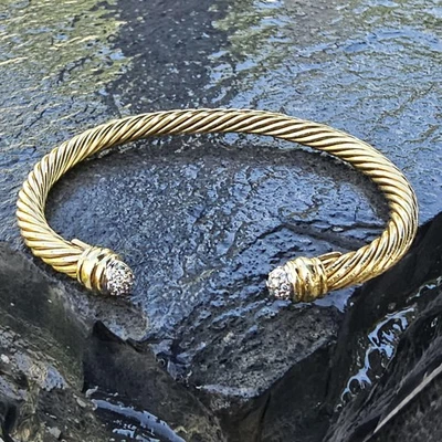 David Yurman Cable Cuff Bracelet Diamond Pave 18k Yellow Gold 5mm 6.75" 15.9g Foto 1 de 4