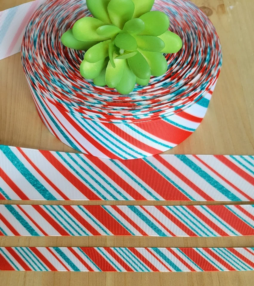 3/8, 5/8, 7/8 & 1.5” (1 YD) Candy Cane Christmas Grosgrain Ribbon Wreath Bows - Image 1 of 1