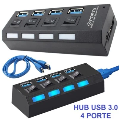 HUB USB 3.0 4 PORTE CIABATTA MULTIPRESA SDOPPIATORE ADATTATORE CON INTERRUTTORI - Immagine 1 di 3