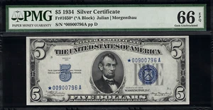 1934 $5 Silver Certificate FR-1650* - Star Note - PMG 66 EPQ Gem Uncirculated - Picture 1 of 2