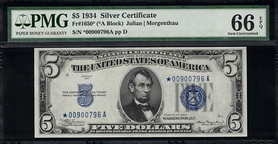1934 $5 Silver Certificate FR-1650* - Star Note - PMG 66 EPQ Gem Uncirculated - Image 1 of 2
